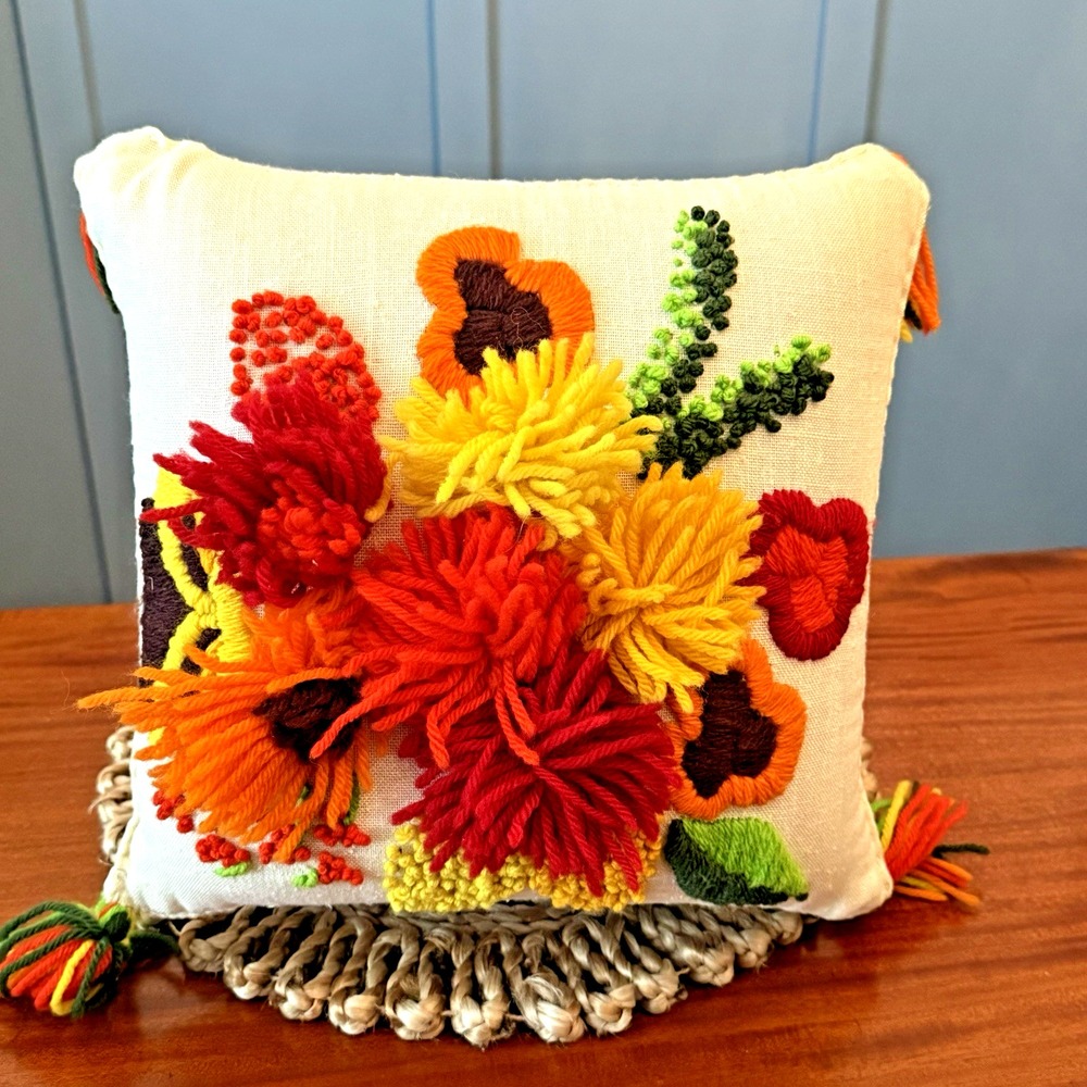 Vintage Handmade Crewel Yarn Embroidery Pillow – 12.5" – 1970s‎ Boho Floral